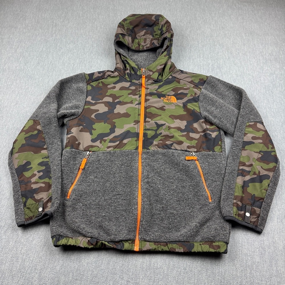 The North Face Jacket Boys Large 14/16 Gray Green Camo Fleece Hooded‎ Full Zip